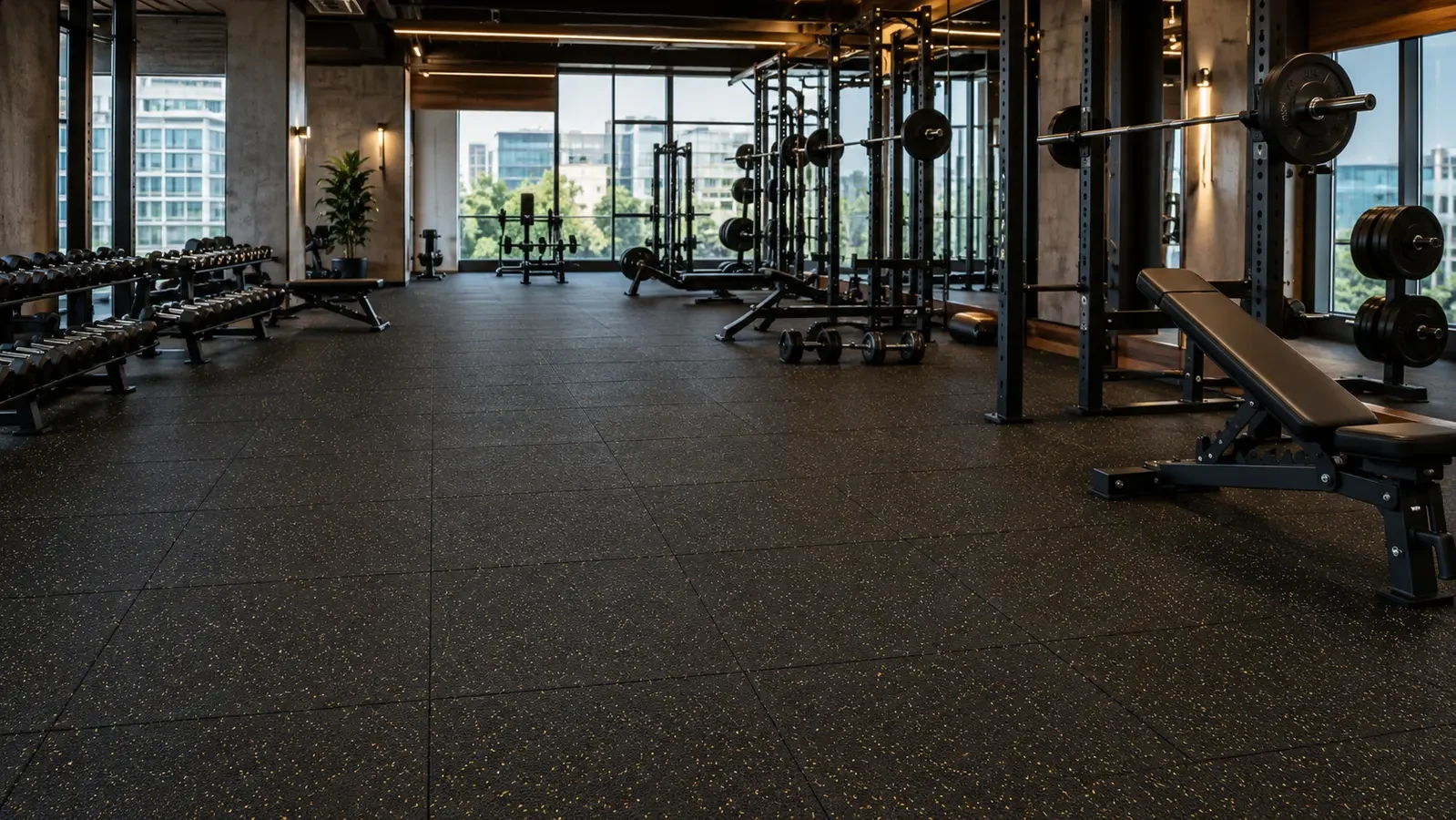 Contemporary gym fitted with rubber flooring